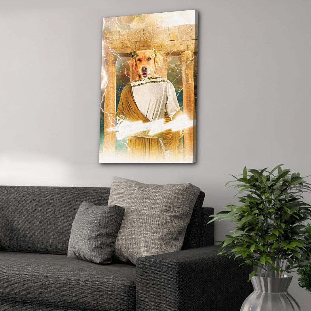 Personalized 'Zeus Doggo' canvas featuring a golden retriever as Zeus with lightning, hanging above a gray sofa.