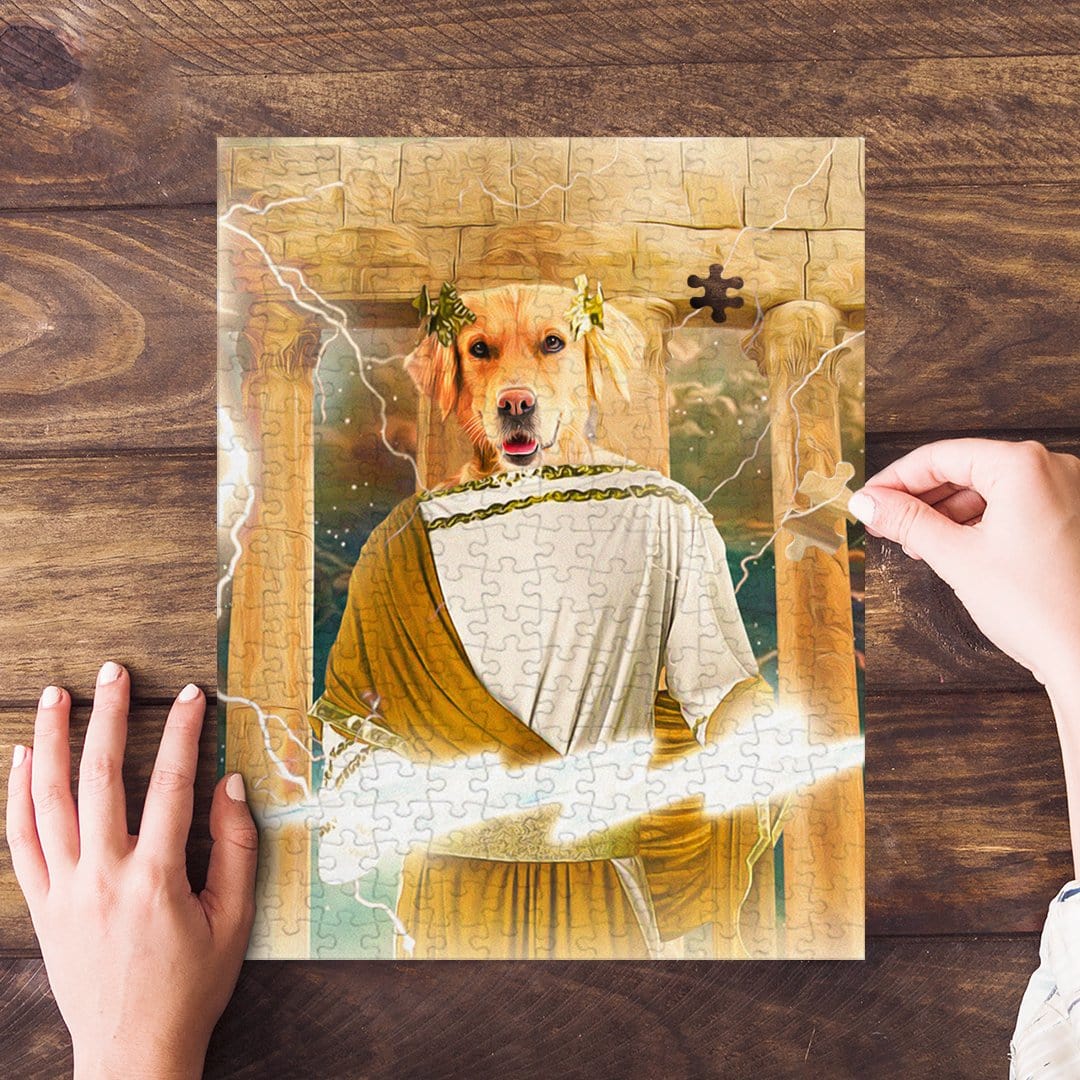 Personalized 'Zeus Doggo' pet puzzle featuring a golden retriever in a Greek god portrait style.