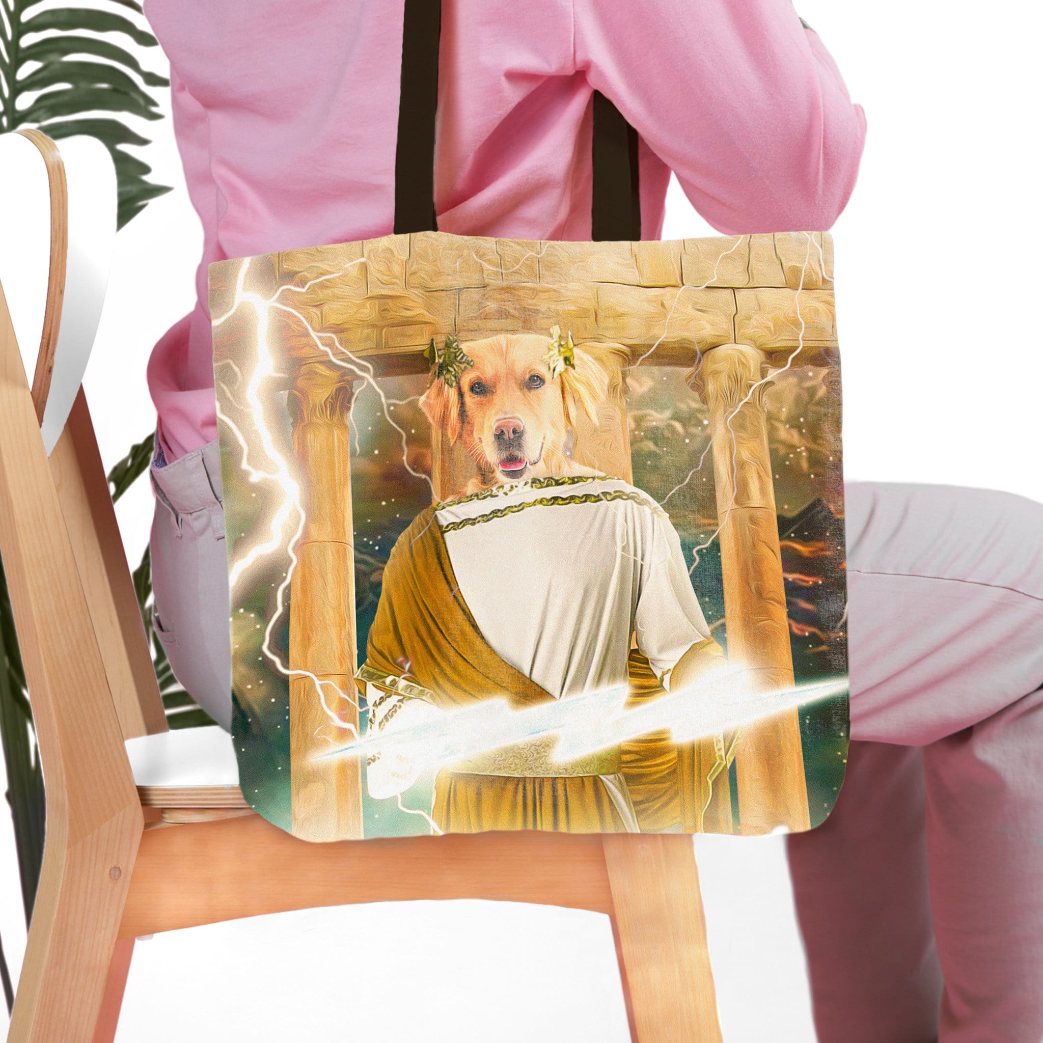 Personalized tote bag with a custom Renaissance-style portrait of a Golden Retriever as Zeus, holding a lightning bolt.