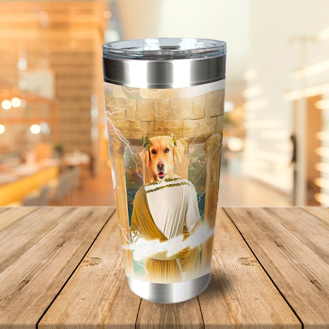 Personalized stainless steel tumbler with a golden retriever pet portrait in a Zeus-style renaissance costume.