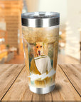 Personalized stainless steel tumbler with a golden retriever pet portrait in a Zeus-style renaissance costume.