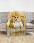 Personalized pet blanket with a golden retriever in a Zeus-style renaissance portrait.